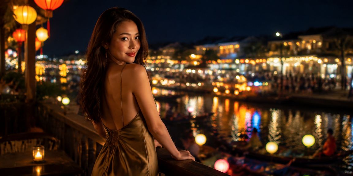 Người dùng truy cập ứng dụng casino tại chợ đêm Hội An dưới ánh đèn lồng lung linh