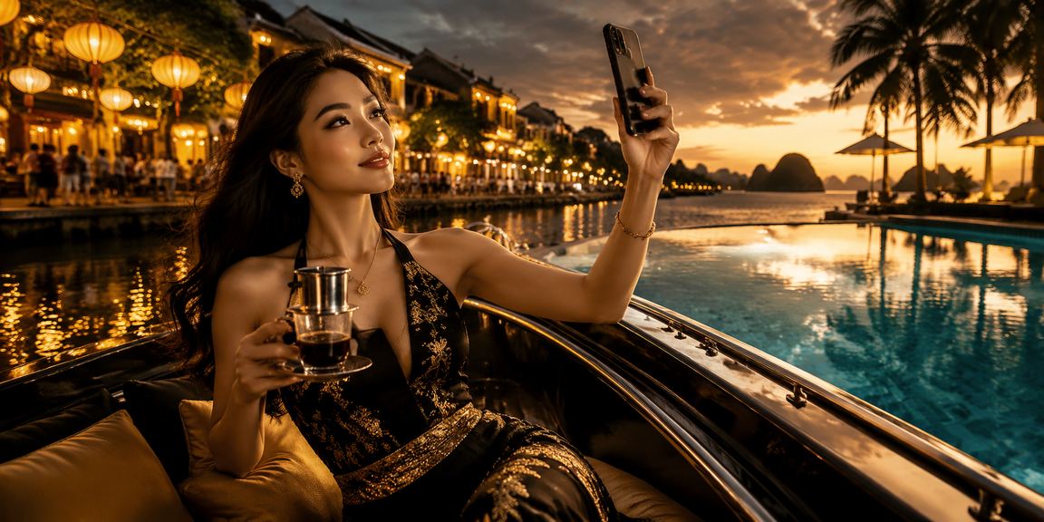 Người dùng tại Hội An xem kết quả xổ số và cá cược trực tuyến bên ly cà phê