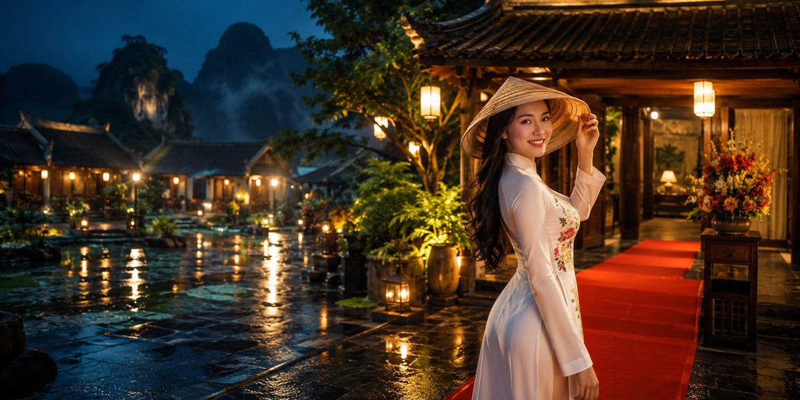 Phong cảnh Ninh Bình với người dùng cá cược trực tuyến trên điện thoại bên ruộng lúa