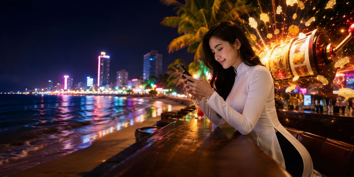 Người phụ nữ mặc áo dài tại Quy Nhơn tham gia trò chơi slot và phân tích kết quả trên điện thoại